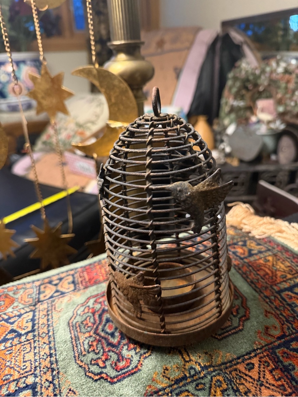 Vintage fabulous rusty beehive candle holder lantern w/ hummingbirds